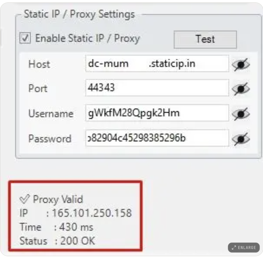 The Static IP / Proxy Settings panel sits on the right side of the Account Details screen, below your broker credentials.