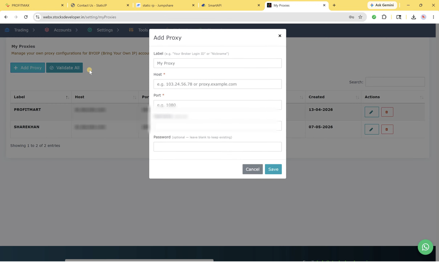 Host and Port are required; Username/Password are optional in this form but required for StaticIP.in's authenticated proxy.