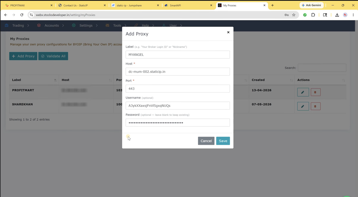 Host, Port, Username, and Password all come from your StaticIP.in dashboard - the Label is just for your own reference.