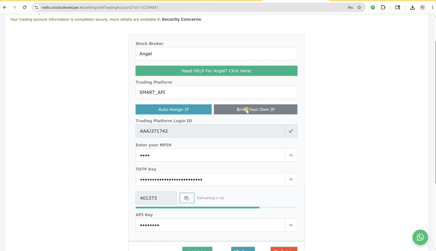 Angel One specifically requires Bring Your Own IP - StocksDeveloper's own free IP pool isn't available for Angel One accounts.