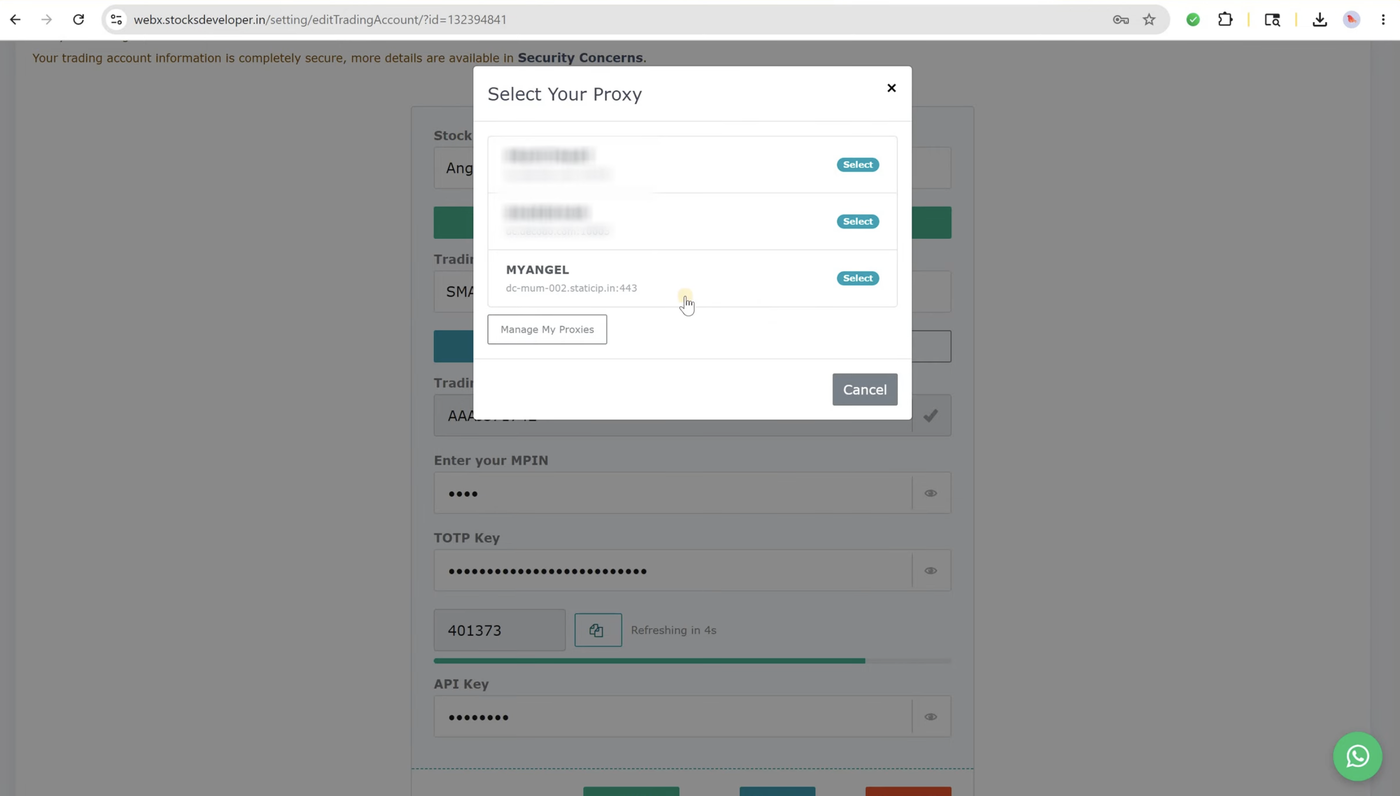 No proxy saved yet? Click "Manage My Proxies" from this same window to add one without losing your place.
