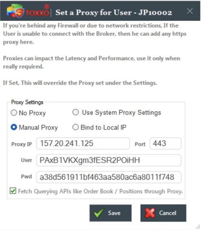 Proxy IP here is the IP address itself (not a hostname) - Port, User, and Pwd all come from your StaticIP.in dashboard too, not your broker's own API key/secret.